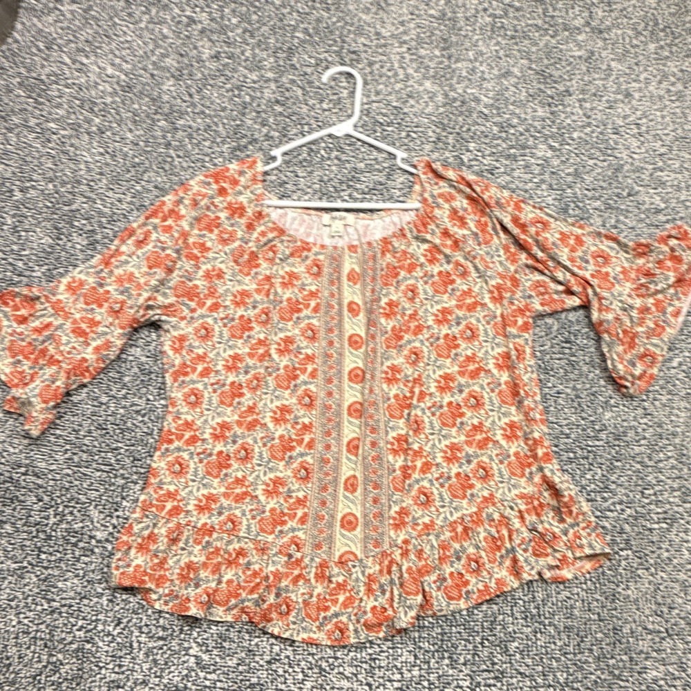 Style & Co Women's L Regular Floral Peasant Round Neck Ruffle 3/4 Blouse